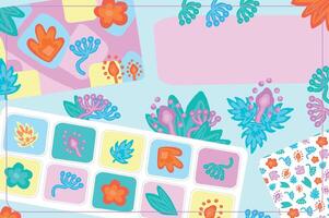 Colorful floral collection in bright Memphis style with botanical design elements and patterns. Includes sheets of vibrant floral stickers, abstract background, seamless pattern, nature illustrations vector