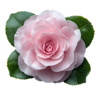 Pink camellia flower top view , flat lay design, isolated on transparent background. Elegant camellia flower with green leaves png