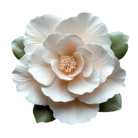 White camellia flower top view , flat lay design, isolated on transparent background. Elegant camellia flower with green leaves png