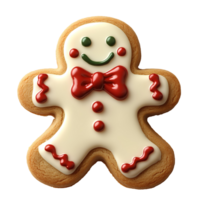 Gingerbread man cookie set . Classic holiday cookie with festive red and green icing accents on buttons and edges. Christmas gingerbread man top view . Gingerbread man cookie flat lay isolated png