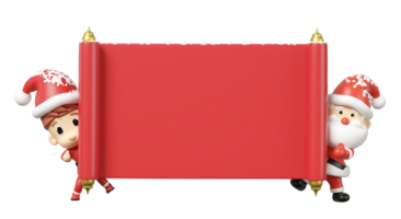 3d announcement roll banner with santa claus isolated. poster or happiness cards, merry christmas, festive new year concept, 3d render illustration png