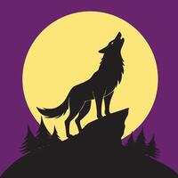A wolf howling at the moon on a purple background vector