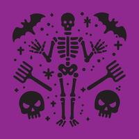 Halloween skeleton illustration with bats and skull vector