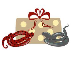 Two snakes of different shape and color and a gift box, hand drawn illustration, Year of the snake decorative illustration vector