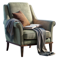 Plush Armchair Draped with a Warm Throw Blanket png