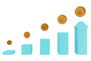 Gold icons floating on bar graph chart with The trend of growth in the value of money concept png