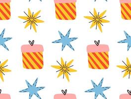 Seamless pattern. Surprise box and stars. New Year and Christmas objects. vector
