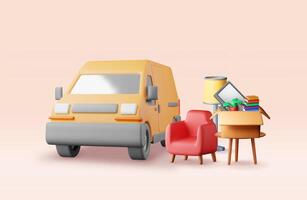 3D delivery van with open door and home stuff inside. Render moving to new house vector