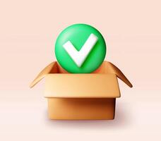 3d opened delivery box with checkmark. Render yes icon in open cardboard box. vector