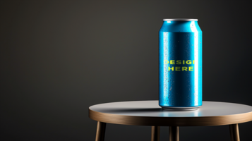 Soft drink can mockup on top of table for branding and design placement psd