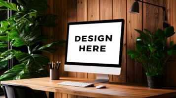Monitor screen mockup on desk of home office for branding and design placement psd