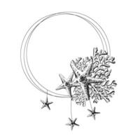 Starfish with coral branches. Hand drawn graphic illustration in black and white color line art. Round frame, wreath, text placeholder on a marine theme vector