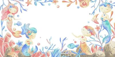 Mermaid little boy and girl with sea corals, algae, shells, starfish, fish, bubbles. Watercolor illustration hand drawn in coral, turquoise and blue colors. rectangular frame template vector