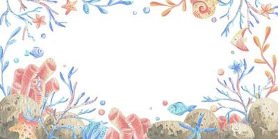 Sea corals, algae, shells, starfish, fish, bubbles. Watercolor illustration hand drawn in coral, turquoise and blue colors. rectangular frame template isolated from the background vector