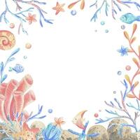 Sea corals, algae, shells, starfish, fish, bubbles. Watercolor illustration hand drawn in coral, turquoise and blue colors. Square frame template isolated from the background vector