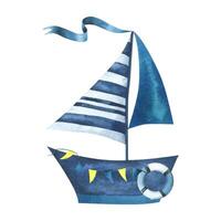 Nice blue boat with straped sails, garland flags, life buoy, ribbon. Hand-drawn watercolor illustration in children s style. Isolated object on a white background vector