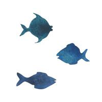 Simple blue fish silhouettes. Watercolor illustration hand drawn in children s style. Set of isolated objects on a white background. vector