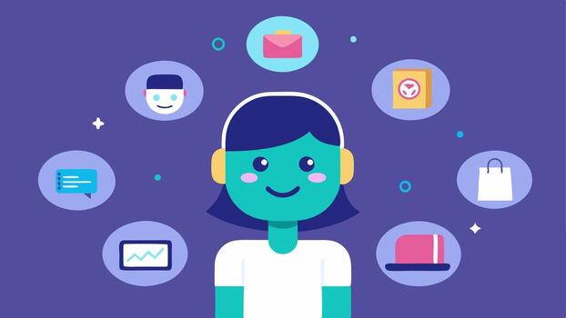 Virtual Assistants Friendly holographic avatars floating around assisting shoppers with inquiries and providing recommendations with cheerful expressions.. vector