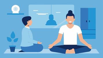 Mindfulness and Relaxation Techniques The patient practicing a breathing exercise with a calming background in the clinic while the consultant observes and provides guidance.. vector