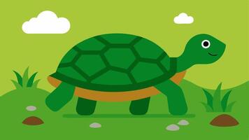 Turtle on the Ground This depicts a determined turtle making its way across a cheerful green meadow. The turtle is drawn with a textured shell in vibrant greens and browns. vector