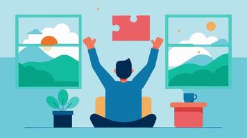 That Moment When You Find the Last Piece of a Puzzle An adult sits at a table arms outstretched in triumph as they hold the final puzzle piece above a completed puzzle. The puzzle. vector