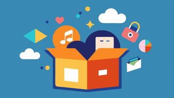 Virtual Subscription Box A whimsical digital box overflowing with icons of eBooks music tracks and digital art symbolizing the joy of receiving digital content monthly.. vector