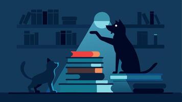 Unveiling the Culprit The scene captures a dramatic moment in a dim library. The dog is standing on a stack of books pointing with a paw to a shadowy figure peeking from behind a. vector