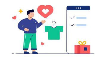 Wishlist Feature An illustration showing a user adding items to their wishlist on the app with a heart icon next to selected clothes and a Wishlist header.. vector