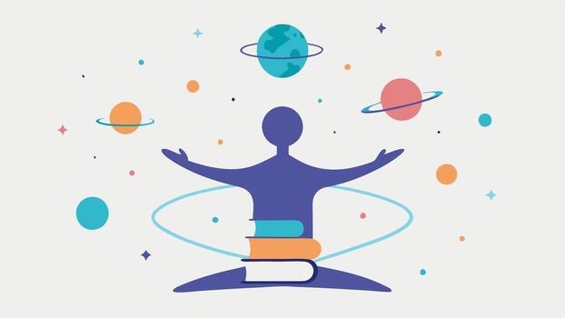 The Bookbridge A simplified figure with arms spread wide balancing atop a neatly arranged pile of books. The individual holds an open book that appears to float surrounded by. vector