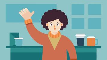 Times Up A person with curly hair wearing a warm cardigan is captured midmotion as they stand up from their chair in surprise. The chair is slightly pushed back signifying their. vector