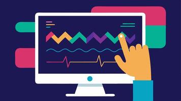 Monitor Screen An illustration of a computer screen displaying colorful waveforms and graphs that represent brainwave patterns with a hand adjusting settings using a touch. vector