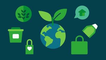 Sustainable Symbols A collection of icons representing green shopping including a recycling symbol a leaf and the Earth with a background of thrifted items.. vector