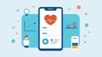 Mobile Health Application A smartphone displaying a health scan app with a graphical overview of vital statistics reminders for followup scans and health tips.. vector