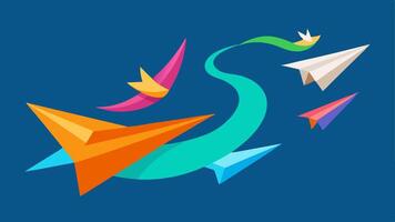 Whirling Dance An energetic illustration captures a whirlwind of paper planes spinning and twirling together in a vibrant swirl of color. At various points in their swirl the. vector