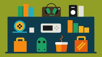 Tech Gadgets A art illustration showcasing a shelf filled with various recycled tech products like headphones smarches and gaming consoles all with tags indicating they are. vector