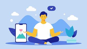 Mindfulness Session The health coach guiding a relaxation exercise showing a calming app on a smartphone with visuals like nature and breathing exercises.. vector