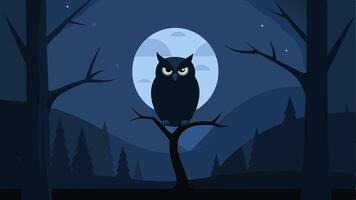 Wise Owl in a Night Forest A wise owl sits perched on a branch of a tall tree in a dark forest setting. The night sky is dotted with ling stars and a full moon casts a soft glow on. vector