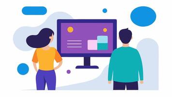 Television Viewing A couple is standing in front of a large TV display watching a dynamic trailer while discussing the quality of the picture.. vector