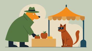 Undercover at the Market The dog and cat are inconuously blending in a the bustling market stalls. The dog is pretending to browse a vegetable stand while the cat still in a trench. vector