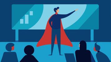 The Great PowerPoint Presentation In this scenario a person stands in front of a large screen displaying a PowerPoint slide arms wide open and face lit with theatrical passion.. vector