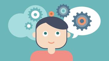 Thought Bubble of Gears A cartoonstyle illustration featuring a person with a neutral expression with a large thought bubble emerging from their head. Inside the bubble detailed. vector