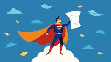 Value Vindicator A superhero with a cape made of oversized receipts soaring confidently above a crowd while projecting huge discount symbols into the sky for everyone to see.. vector