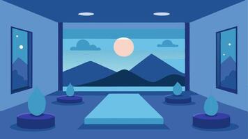 Mindfulness Meditation Space A serene indoor space with soft lighting cushions and digital screens displaying tranquil nature scenes designed for patient relaxation and mindfulness. vector