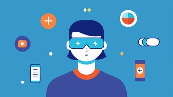 Medication Alerts An individual at home wearing AR glasses that show reminders to take their medication with clear icons for different pills and dosages.. vector
