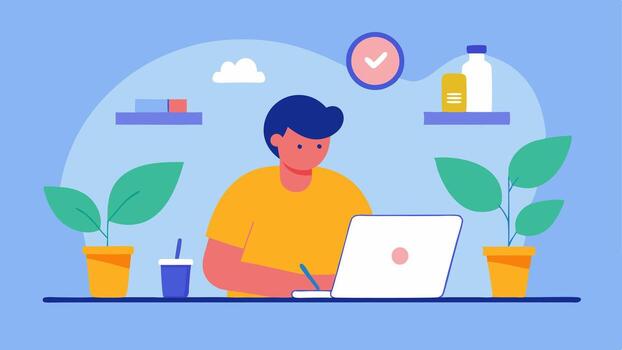 Monitoring Routine A person sitting at a desk with a laptop writing notes about their daily glucose variations surrounded by health books and a plant illustrating a biohacking. vector