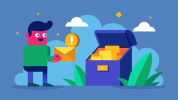 Virtual Treasure Hunt A digital landscape where emails are represented as treasure chests and an eager character is opening them to find hidden discounts and offers.. vector