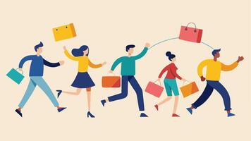 Teamwork of Shoppers A group of shoppers helping each other to catch sliding deals creating a sense of community amidst the chaos of the shopping rush.. vector