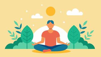 Mental Wellness A person meditating under a tree with calming nature elements like leaves and sunshine surrounding them illustrating mindfulness and tranquility.. vector