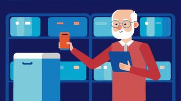 Tablet in Hand An elderly man stands in an appliance aisle holding a tablet in one hand while pointing at a discounted refrigerator with the other.. vector