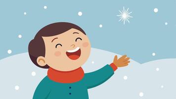 That Moment When You Catch a Surprise Snowflake on Your Tongue A child with a beaming face stands outside in a snowy setting with snowflakes gently falling around them. The child. vector